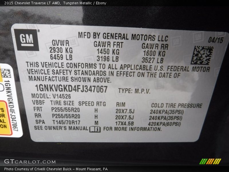 Tungsten Metallic / Ebony 2015 Chevrolet Traverse LT AWD