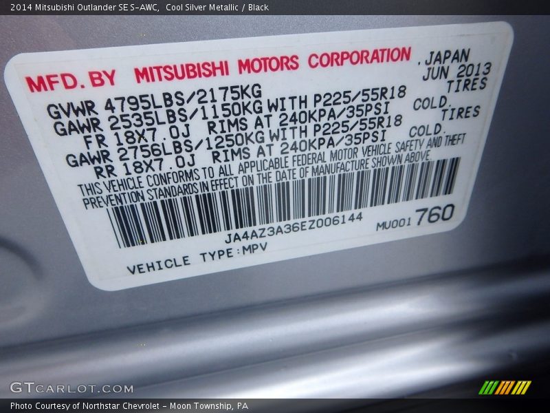 Cool Silver Metallic / Black 2014 Mitsubishi Outlander SE S-AWC