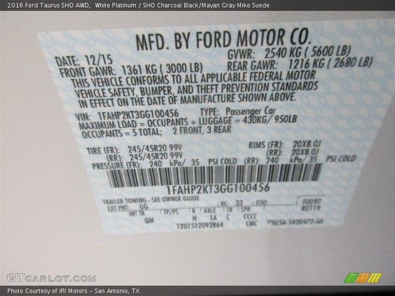 White Platinum / SHO Charcoal Black/Mayan Gray Miko Suede 2016 Ford Taurus SHO AWD