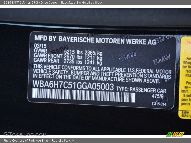 Black Sapphire Metallic / Black 2016 BMW 6 Series 650i xDrive Coupe