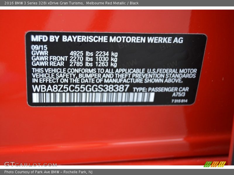 2016 3 Series 328i xDrive Gran Turismo Melbourne Red Metallic Color Code A75
