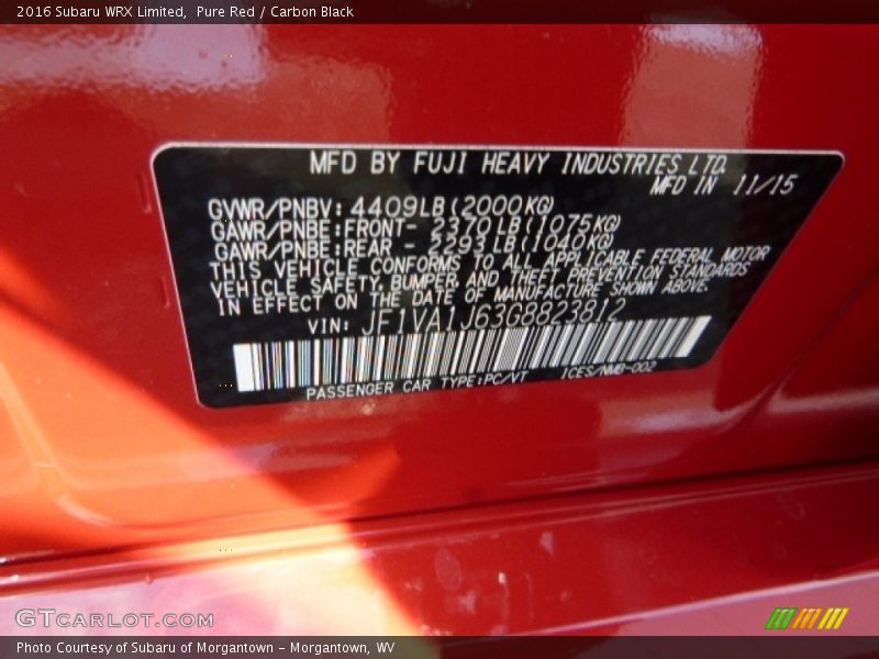 Pure Red / Carbon Black 2016 Subaru WRX Limited