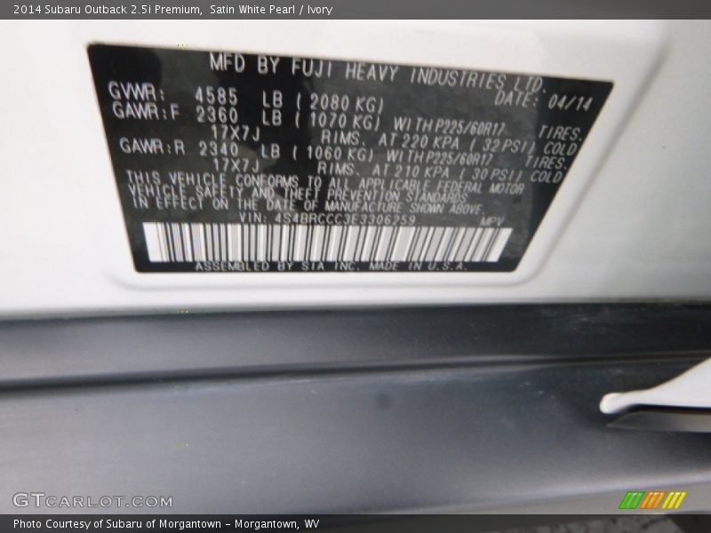 Satin White Pearl / Ivory 2014 Subaru Outback 2.5i Premium