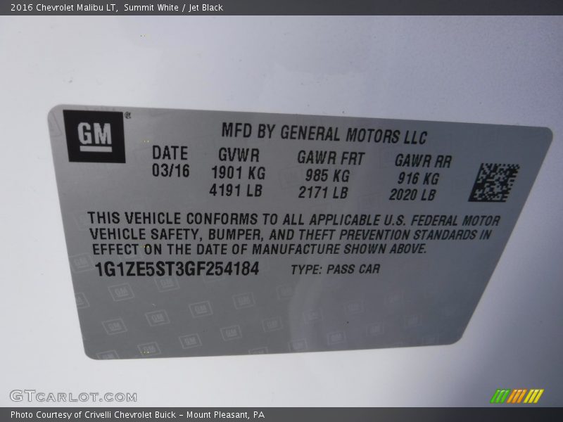 Summit White / Jet Black 2016 Chevrolet Malibu LT