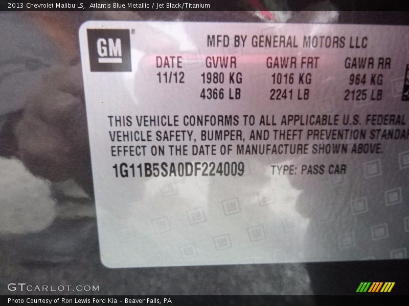 Atlantis Blue Metallic / Jet Black/Titanium 2013 Chevrolet Malibu LS