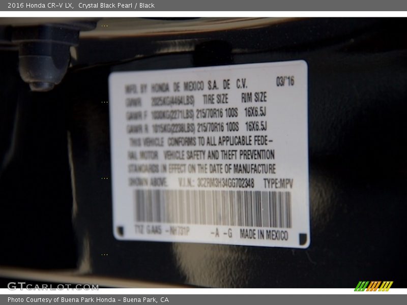 Crystal Black Pearl / Black 2016 Honda CR-V LX