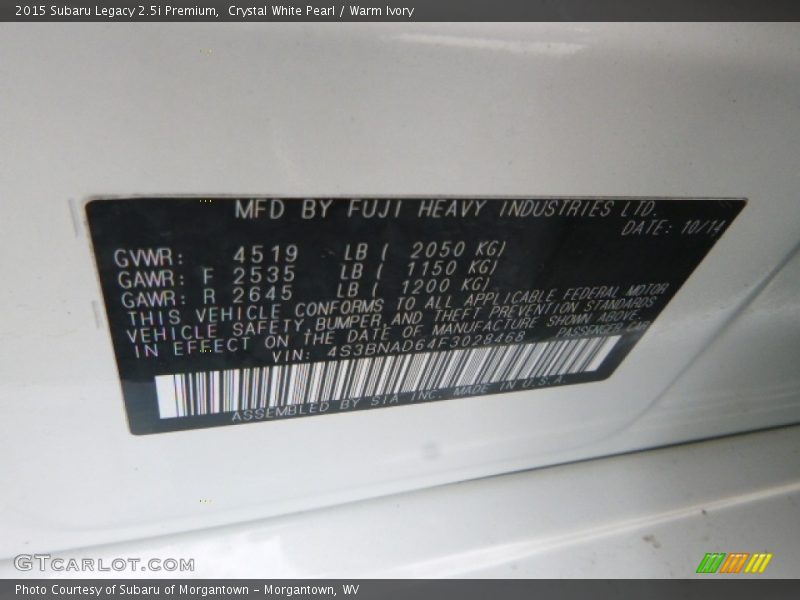 Crystal White Pearl / Warm Ivory 2015 Subaru Legacy 2.5i Premium