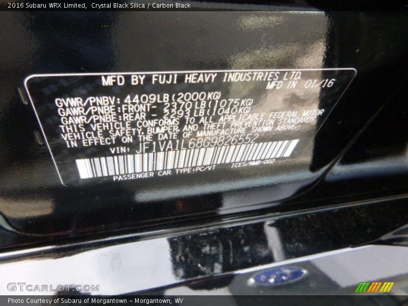 Crystal Black Silica / Carbon Black 2016 Subaru WRX Limited