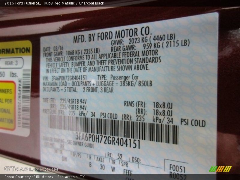 Ruby Red Metallic / Charcoal Black 2016 Ford Fusion SE