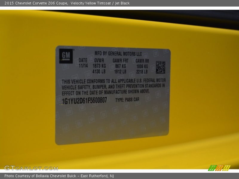Info Tag of 2015 Corvette Z06 Coupe