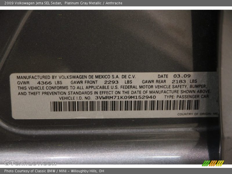 Platinum Gray Metallic / Anthracite 2009 Volkswagen Jetta SEL Sedan