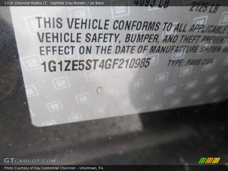 Nightfall Gray Metallic / Jet Black 2016 Chevrolet Malibu LT