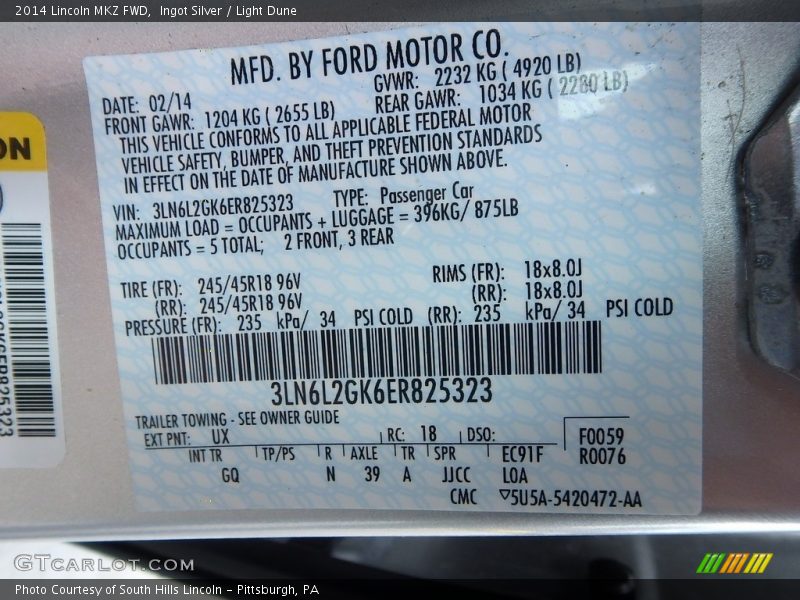 Ingot Silver / Light Dune 2014 Lincoln MKZ FWD