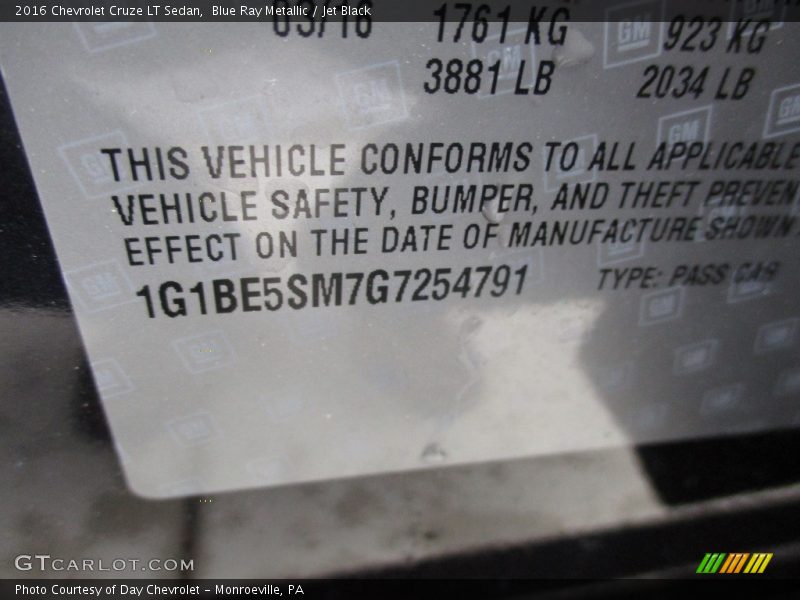 Blue Ray Metallic / Jet Black 2016 Chevrolet Cruze LT Sedan