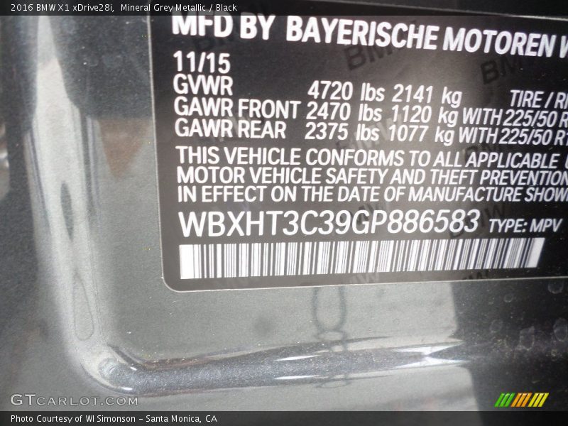 Mineral Grey Metallic / Black 2016 BMW X1 xDrive28i