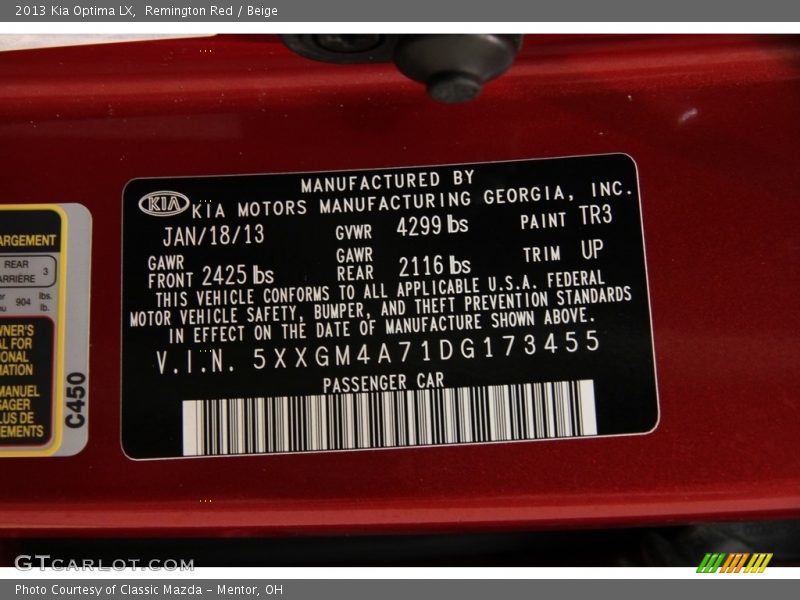 Remington Red / Beige 2013 Kia Optima LX