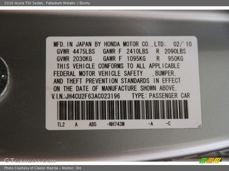 Palladium Metallic / Ebony 2010 Acura TSX Sedan