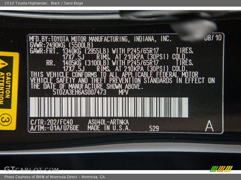 Black / Sand Beige 2010 Toyota Highlander