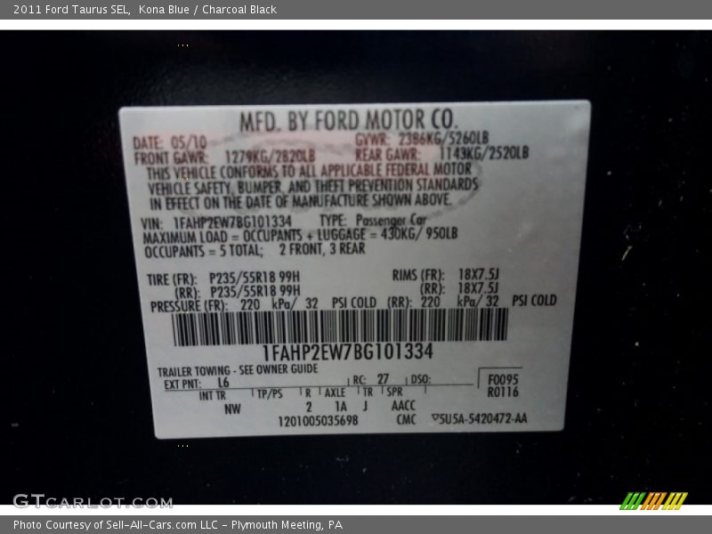 Kona Blue / Charcoal Black 2011 Ford Taurus SEL