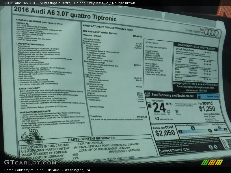 Oolong Grey Metallic / Nougat Brown 2016 Audi A6 3.0 TFSI Prestige quattro