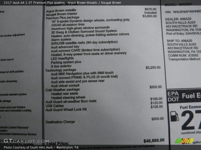  2017 A4 2.0T Premium Plus quattro Window Sticker