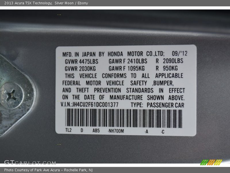 Silver Moon / Ebony 2013 Acura TSX Technology