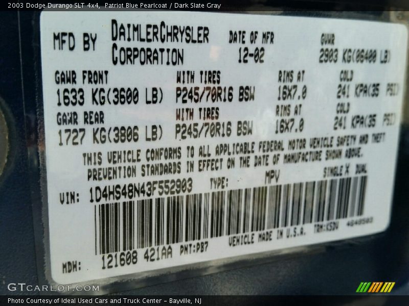 Patriot Blue Pearlcoat / Dark Slate Gray 2003 Dodge Durango SLT 4x4