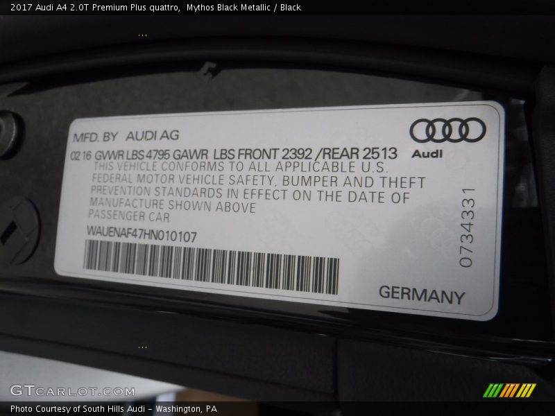 Mythos Black Metallic / Black 2017 Audi A4 2.0T Premium Plus quattro
