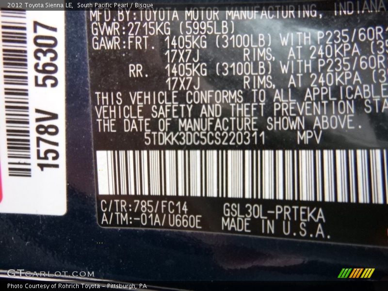 South Pacific Pearl / Bisque 2012 Toyota Sienna LE