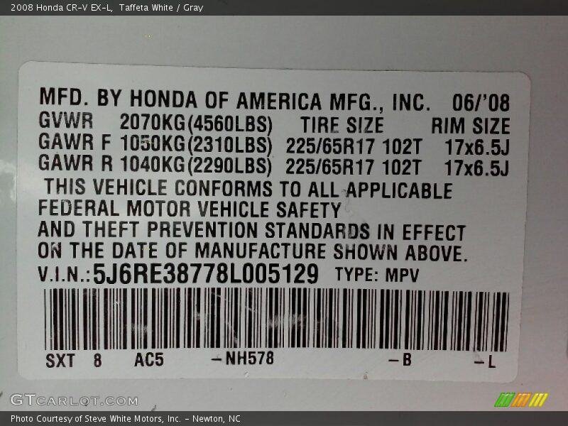 Taffeta White / Gray 2008 Honda CR-V EX-L