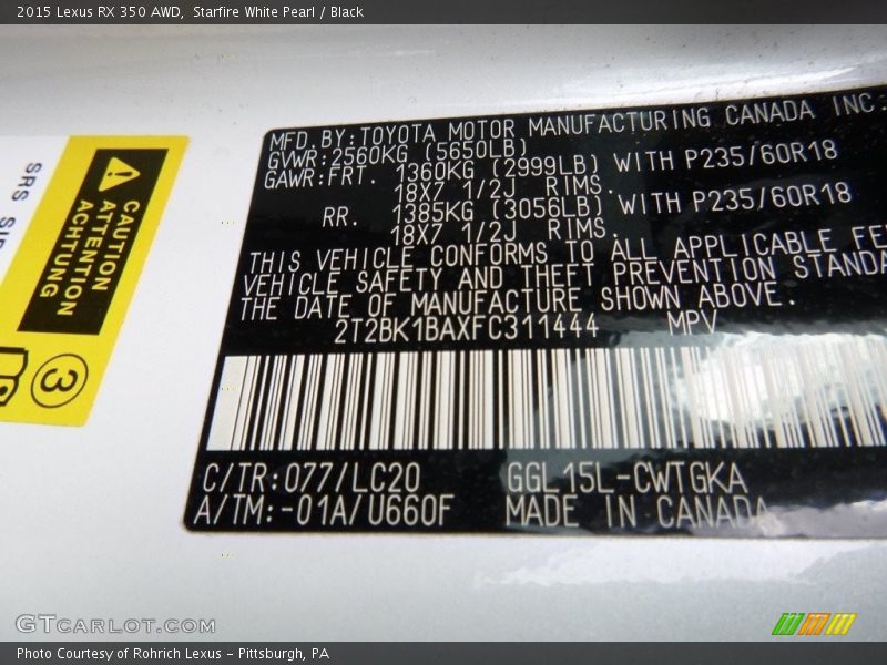 Starfire White Pearl / Black 2015 Lexus RX 350 AWD