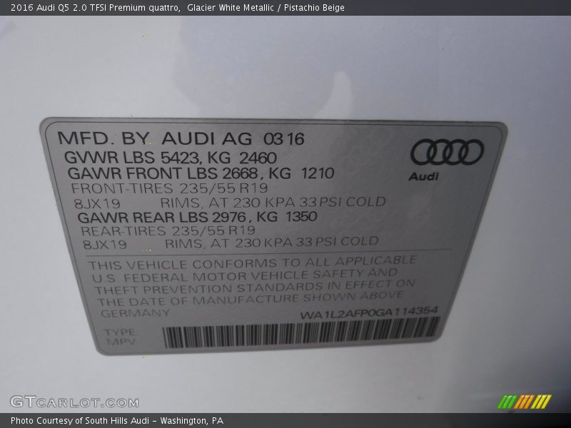 Glacier White Metallic / Pistachio Beige 2016 Audi Q5 2.0 TFSI Premium quattro