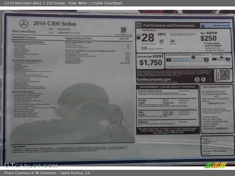 Polar White / Crystal Grey/Black 2016 Mercedes-Benz C 300 Sedan