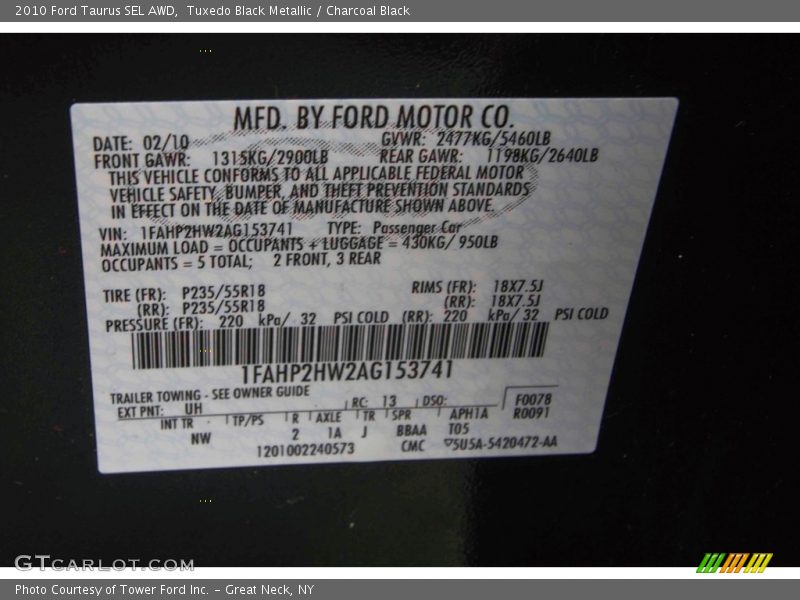 Tuxedo Black Metallic / Charcoal Black 2010 Ford Taurus SEL AWD