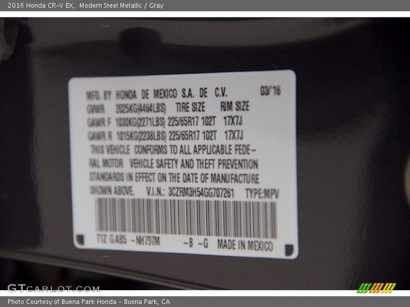Modern Steel Metallic / Gray 2016 Honda CR-V EX