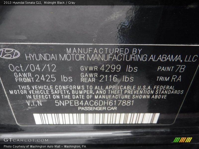 Midnight Black / Gray 2013 Hyundai Sonata GLS