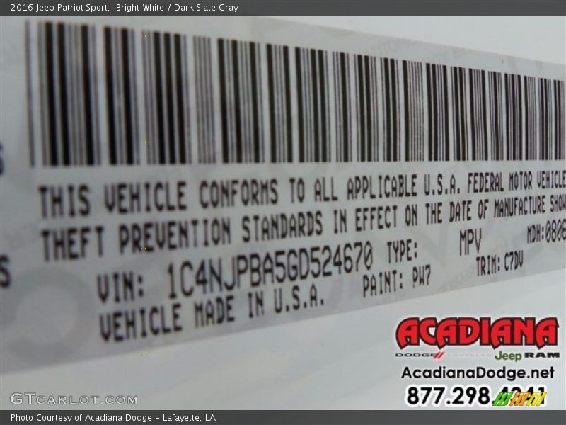 Bright White / Dark Slate Gray 2016 Jeep Patriot Sport