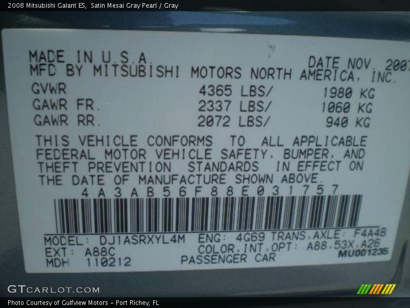 Satin Mesai Gray Pearl / Gray 2008 Mitsubishi Galant ES