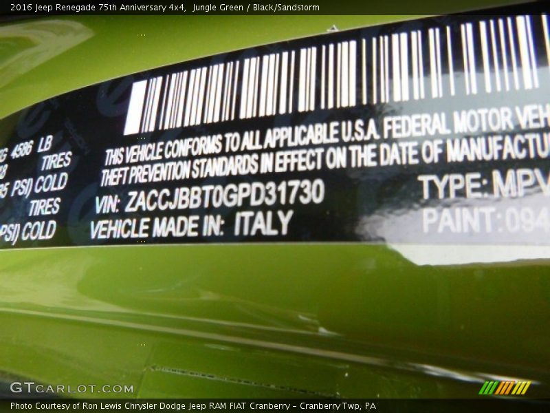 2016 Renegade 75th Anniversary 4x4 Jungle Green Color Code 094