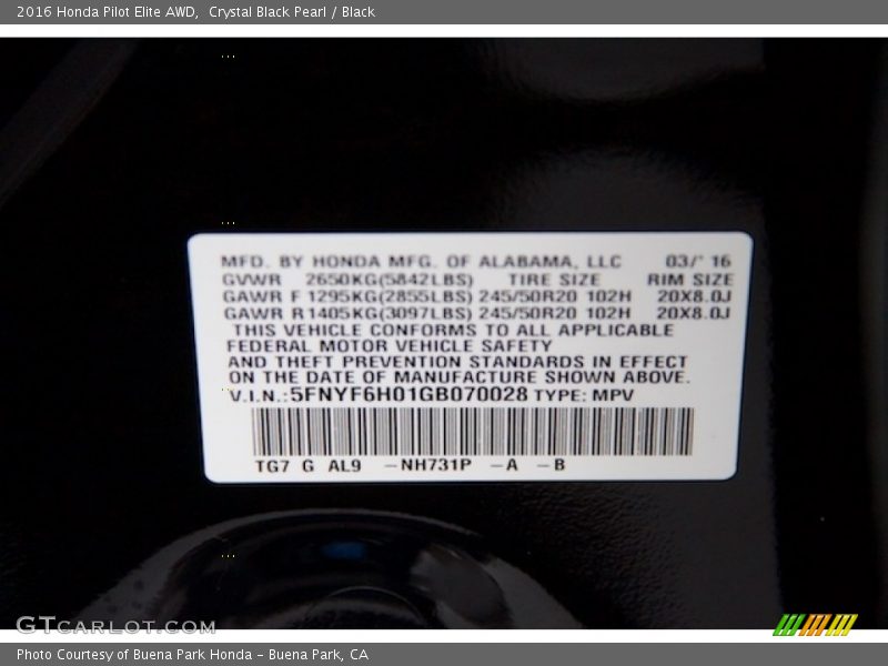 Crystal Black Pearl / Black 2016 Honda Pilot Elite AWD