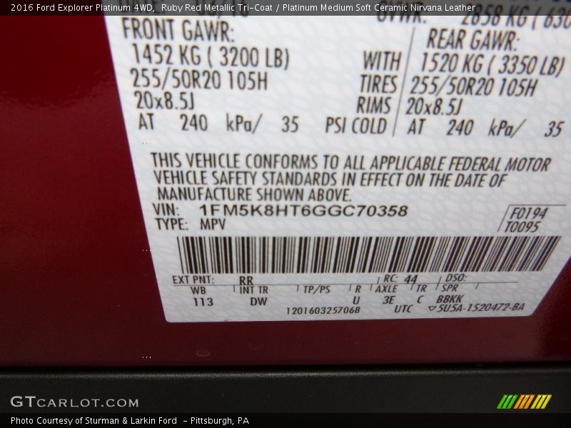 Ruby Red Metallic Tri-Coat / Platinum Medium Soft Ceramic Nirvana Leather 2016 Ford Explorer Platinum 4WD