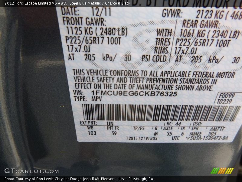 Steel Blue Metallic / Charcoal Black 2012 Ford Escape Limited V6 4WD