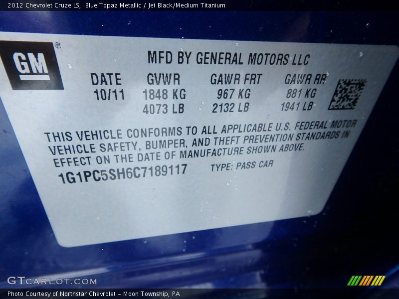 Blue Topaz Metallic / Jet Black/Medium Titanium 2012 Chevrolet Cruze LS