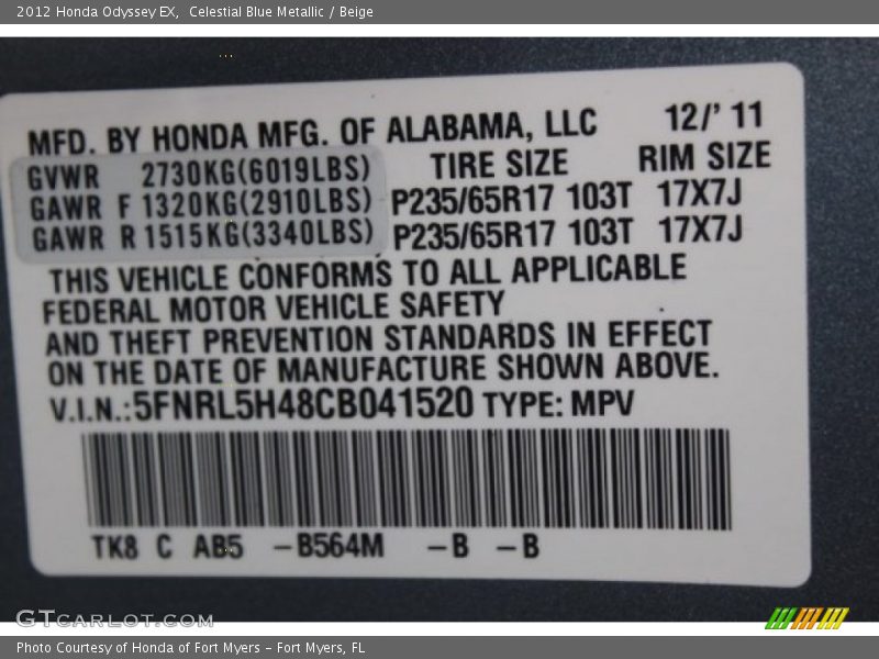 Celestial Blue Metallic / Beige 2012 Honda Odyssey EX