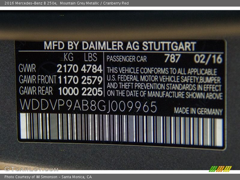 Mountain Grey Metallic / Cranberry Red 2016 Mercedes-Benz B 250e
