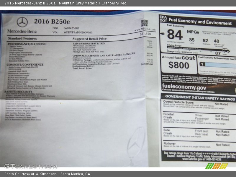 Mountain Grey Metallic / Cranberry Red 2016 Mercedes-Benz B 250e