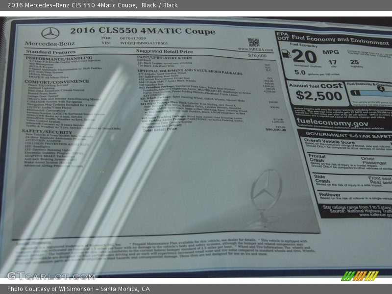  2016 CLS 550 4Matic Coupe Window Sticker