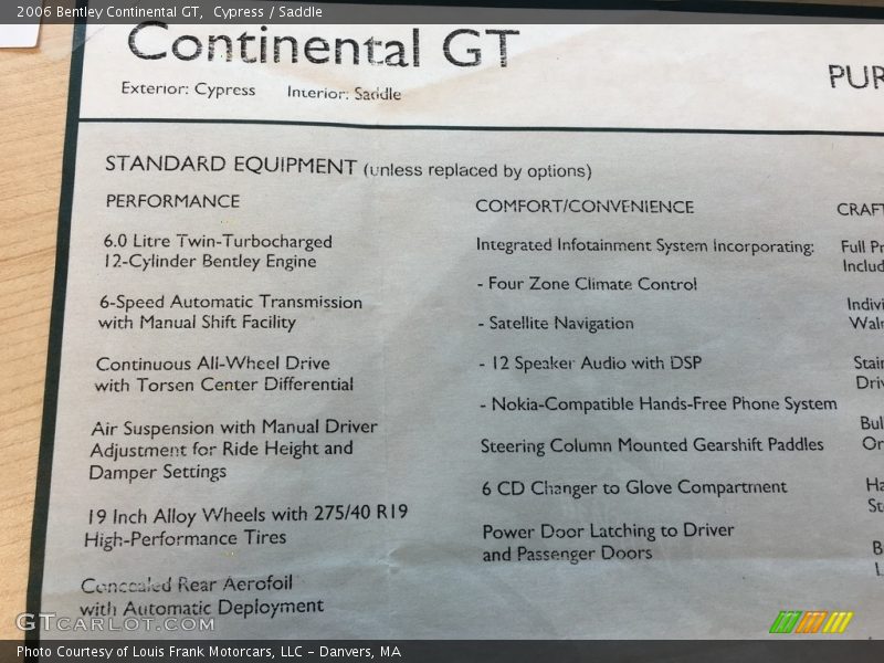  2006 Continental GT  Window Sticker