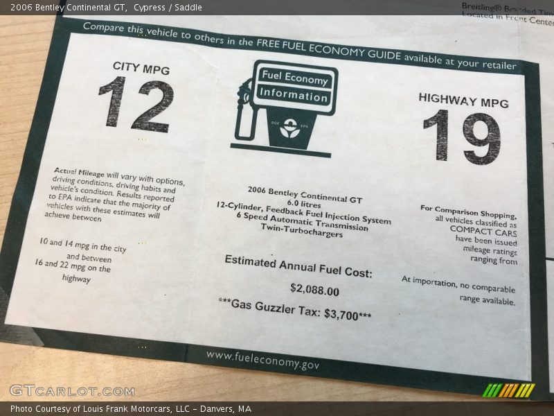 Info Tag of 2006 Continental GT 