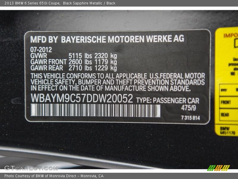 Black Sapphire Metallic / Black 2013 BMW 6 Series 650i Coupe